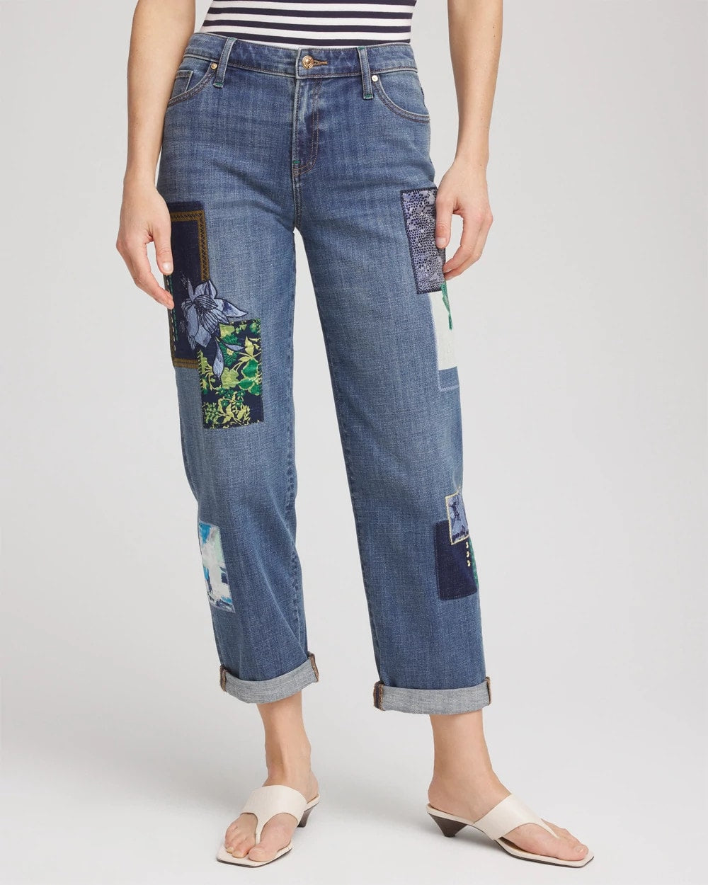 Whimsical Indigo Boyfriend Patchwork Cropped Jeans