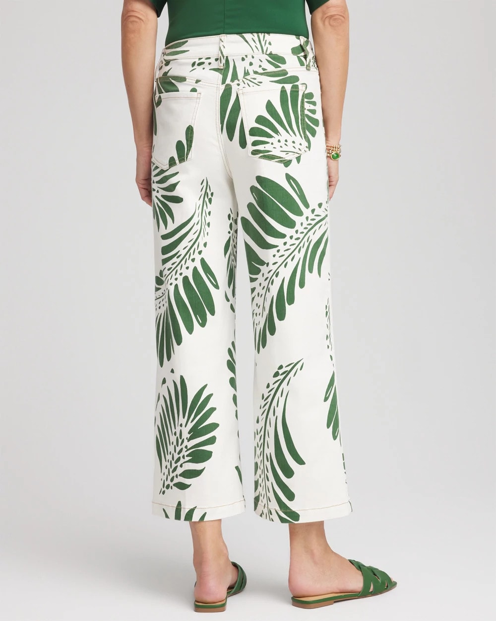 Ecru Palm-Frond-Motif Pull-On Wide-Leg Cropped Jeans