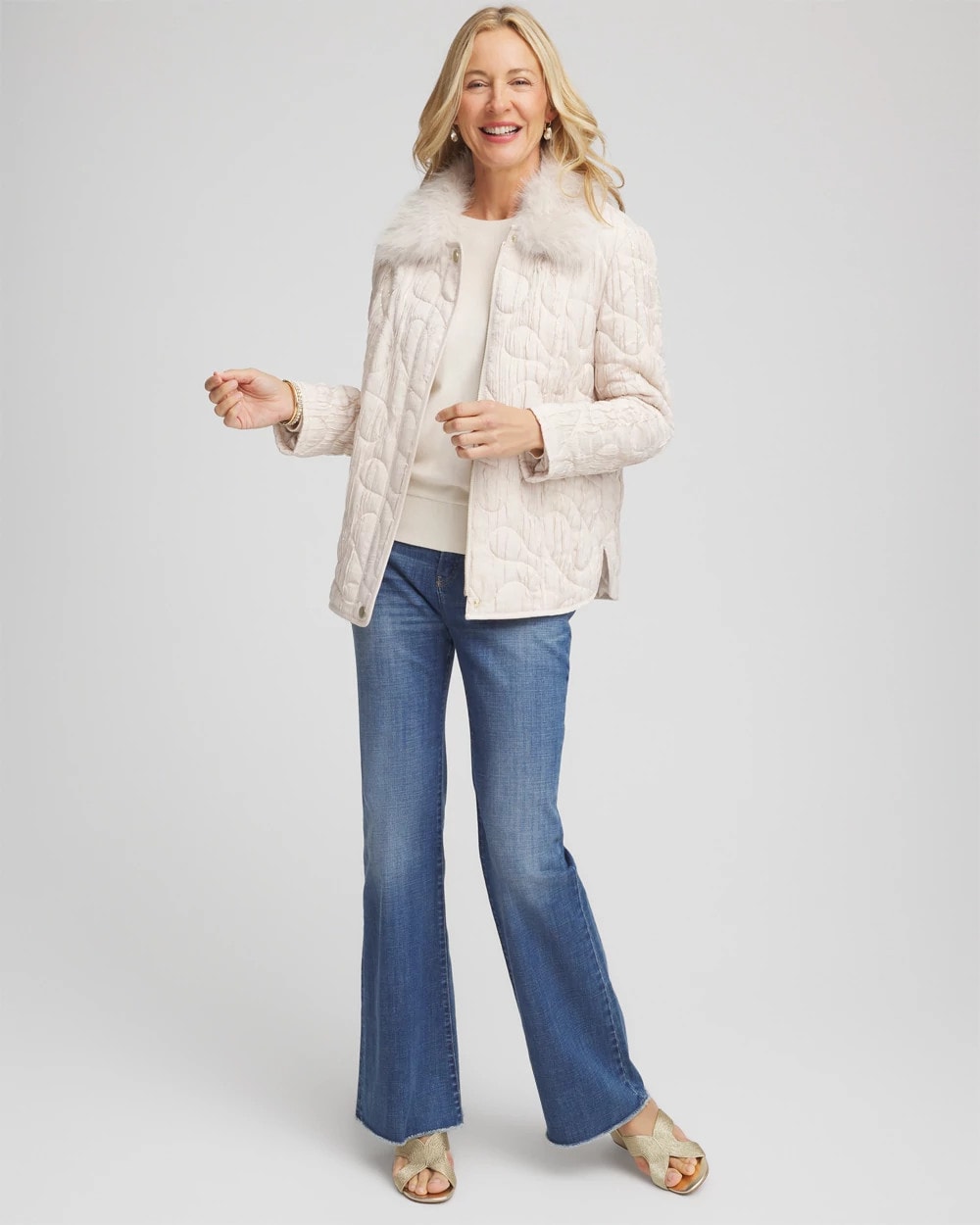 Cream Quilted Faux Fur Collar Jacket