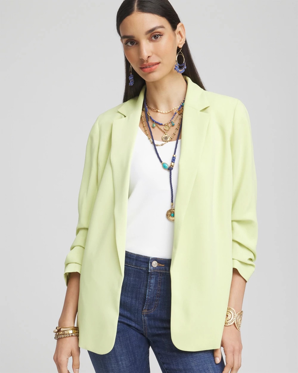 Frozen Lime Notched-Lapel Ruched Sleeve Blazer