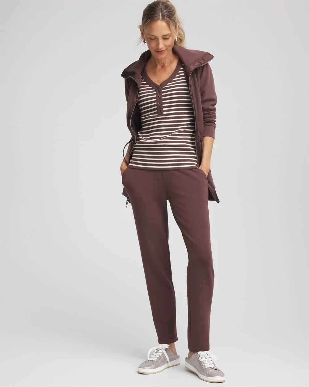 Espresso Zenergy® Ribbed Striped Henley Tee