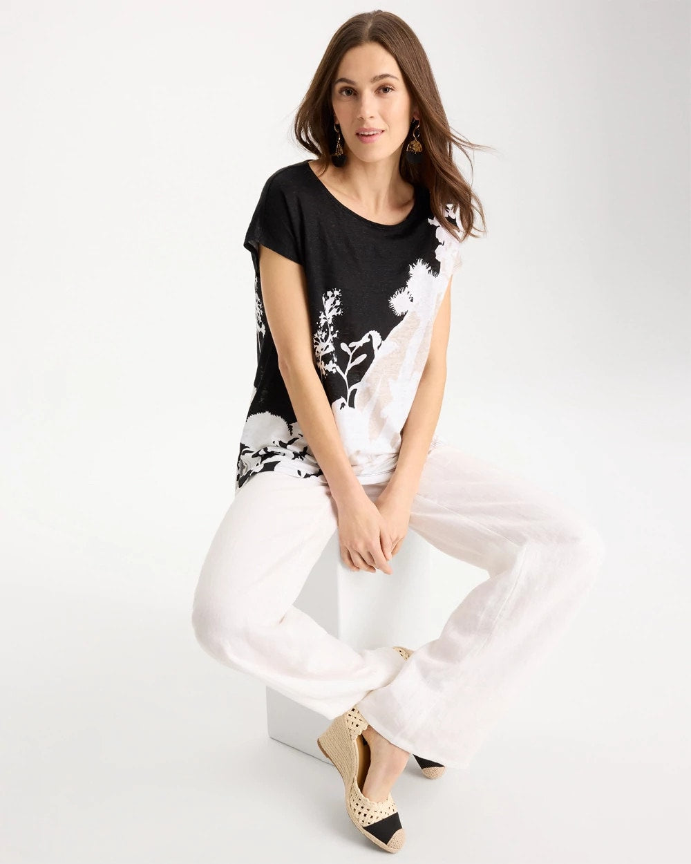 Black Linen Floral Seamed Tunic