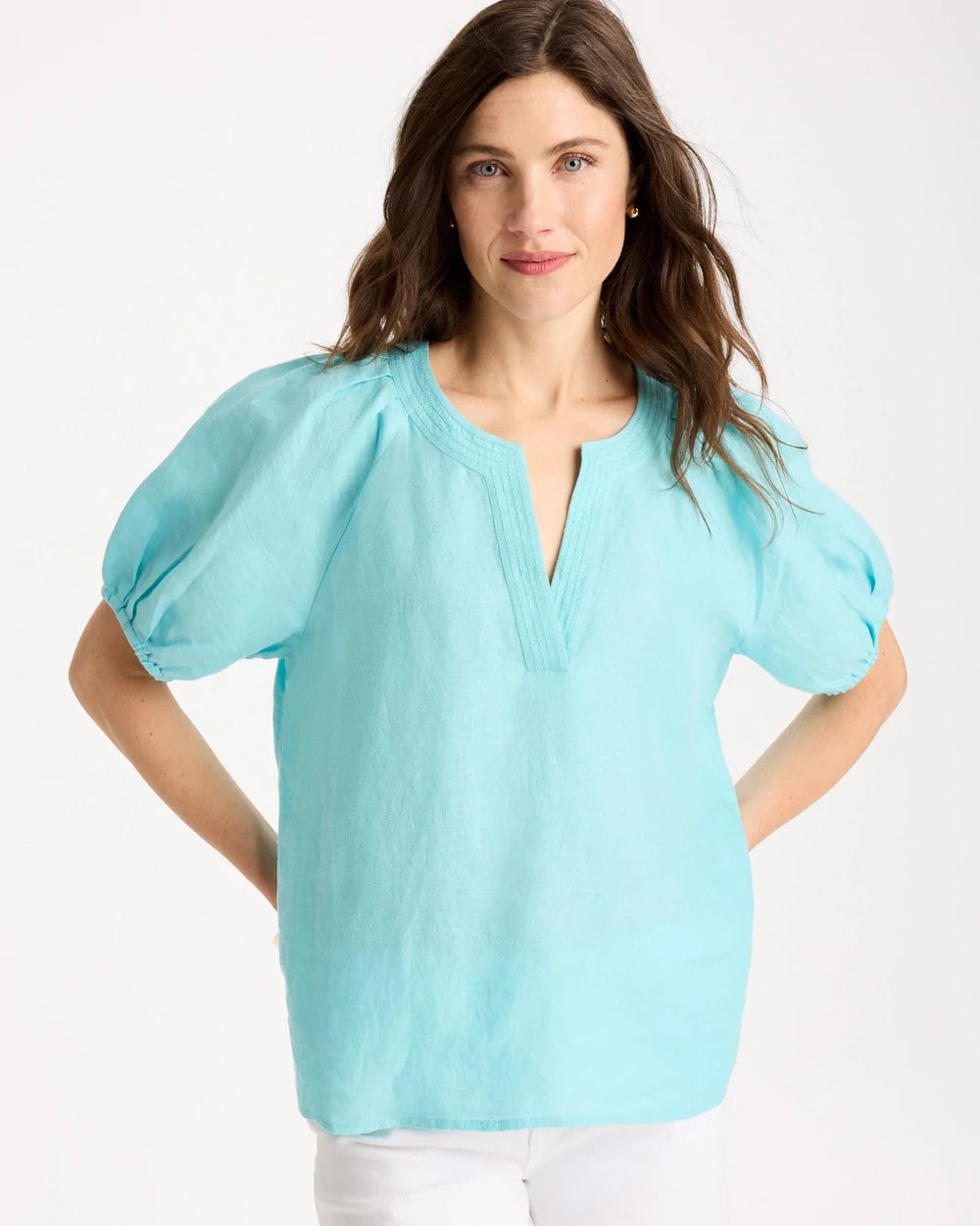 Bondi Blue Linen Trapunto Popover Top