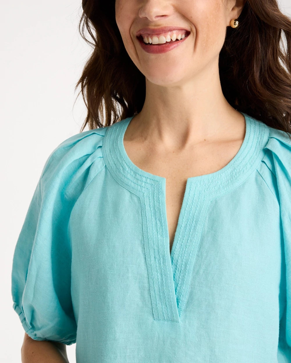 Bondi Blue Linen Trapunto Popover Top