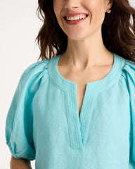 Bondi Blue Linen Trapunto Popover Top