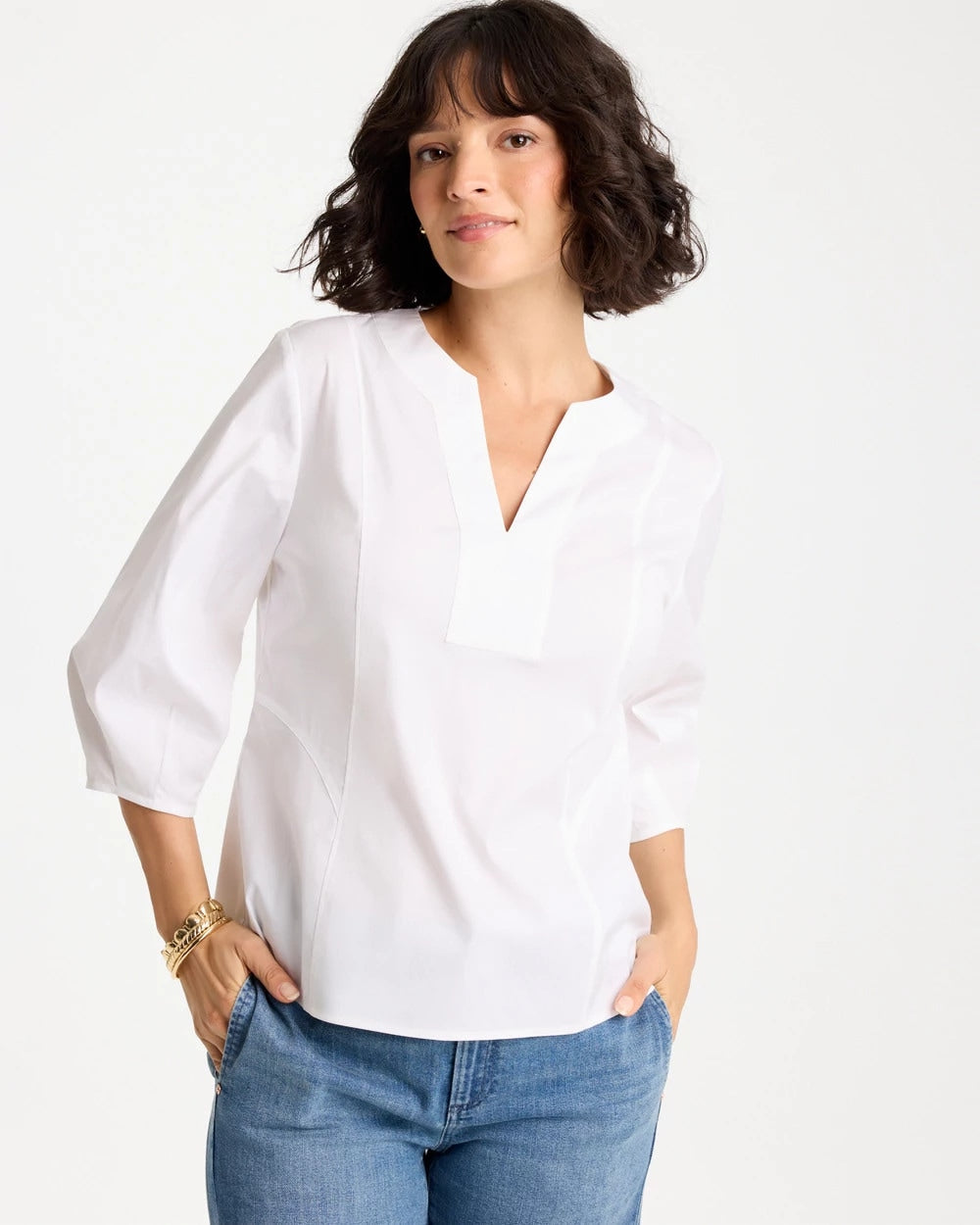 Alabaster Poplin Cotton 3/4 Sleeve Popover