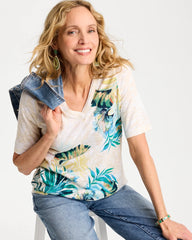 Topanga Green Printed Cotton Slub V-Neck Tee