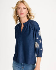 Passport Blue Embroidered Denim Henley Tee