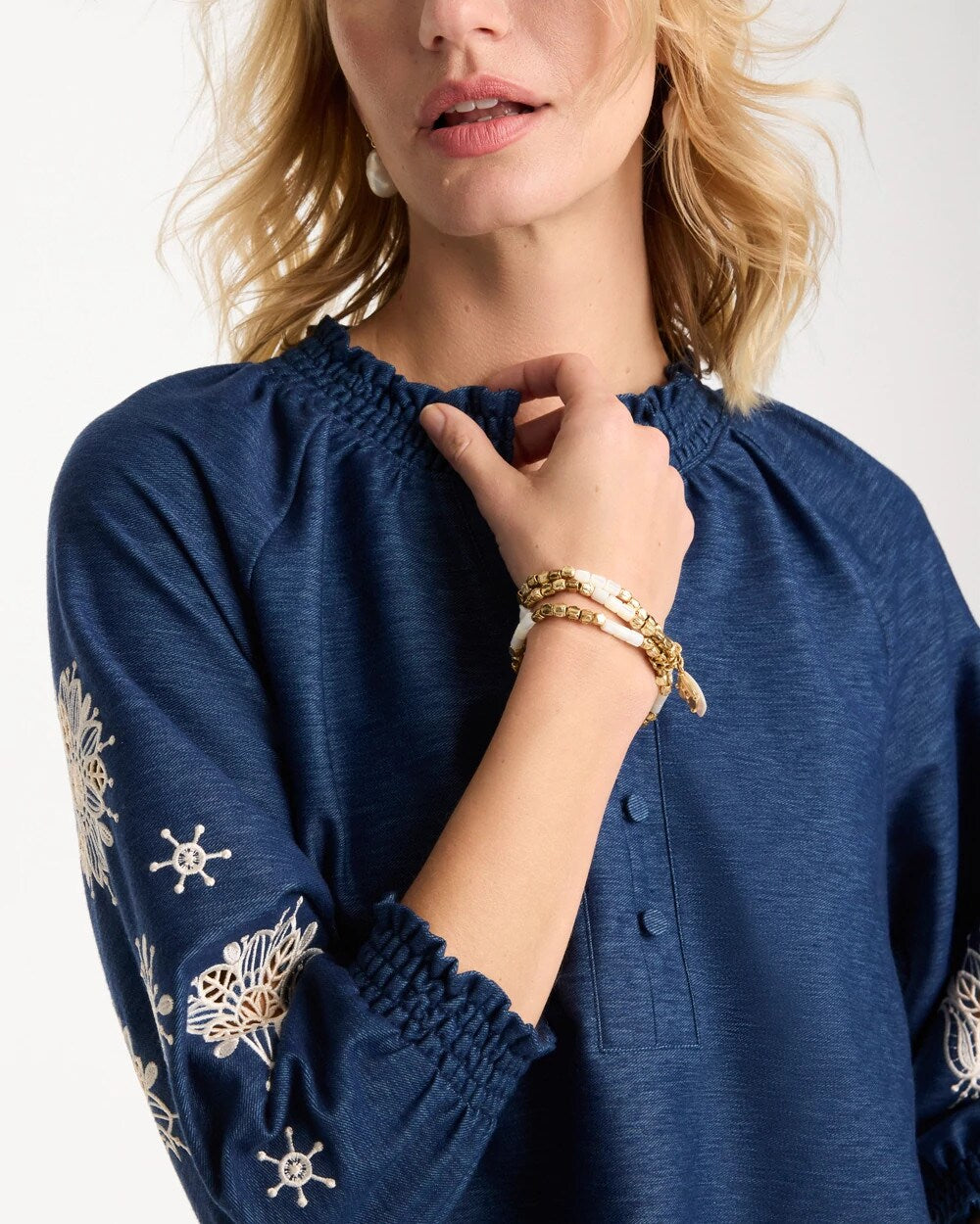 Passport Blue Embroidered Denim Henley Tee