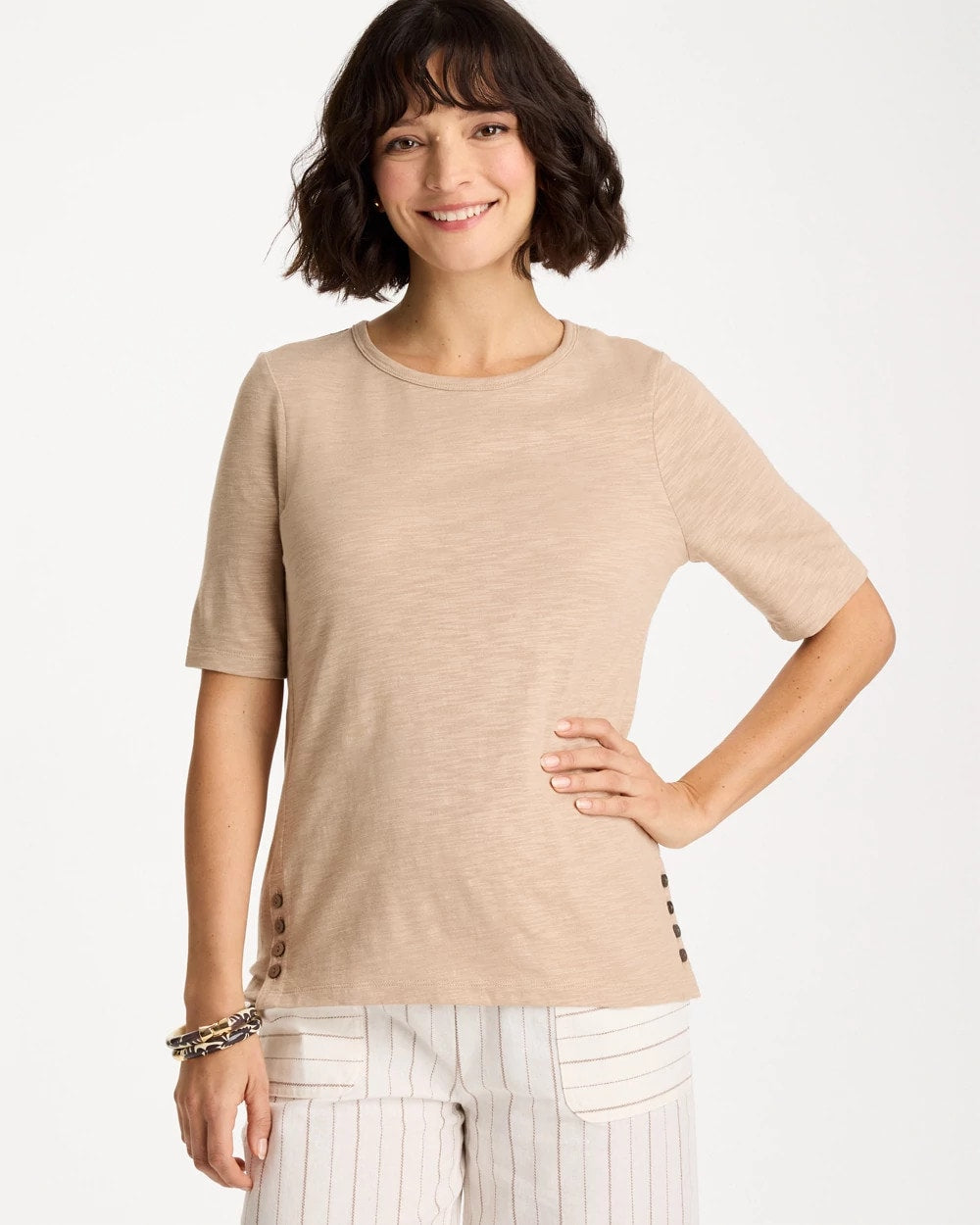 Mocha Mousse Foil Print Cotton Slub Elbow-Sleeve Tee