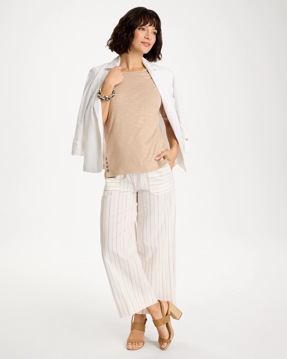 Mocha Mousse Foil Print Cotton Slub Elbow-Sleeve Tee