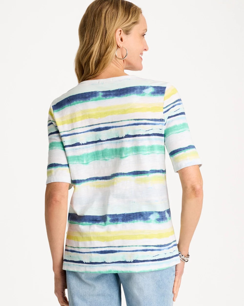 Sage Lime Striped Cotton Slub Elbow-Sleeve Tee