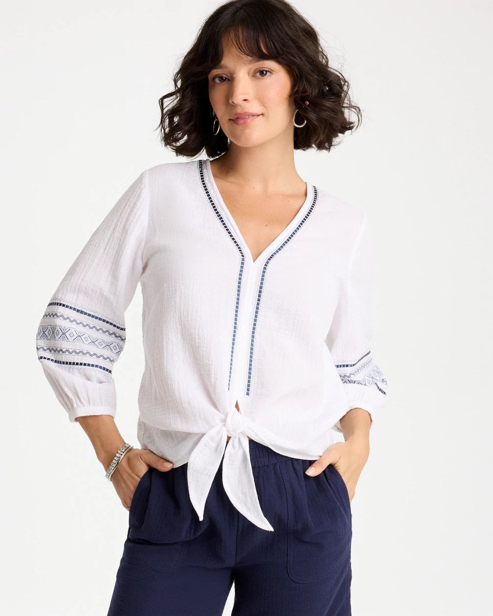 Alabaster Cotton Gauze Embroidered Tie-Front Blouse