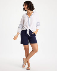 Alabaster Cotton Gauze Embroidered Tie-Front Blouse