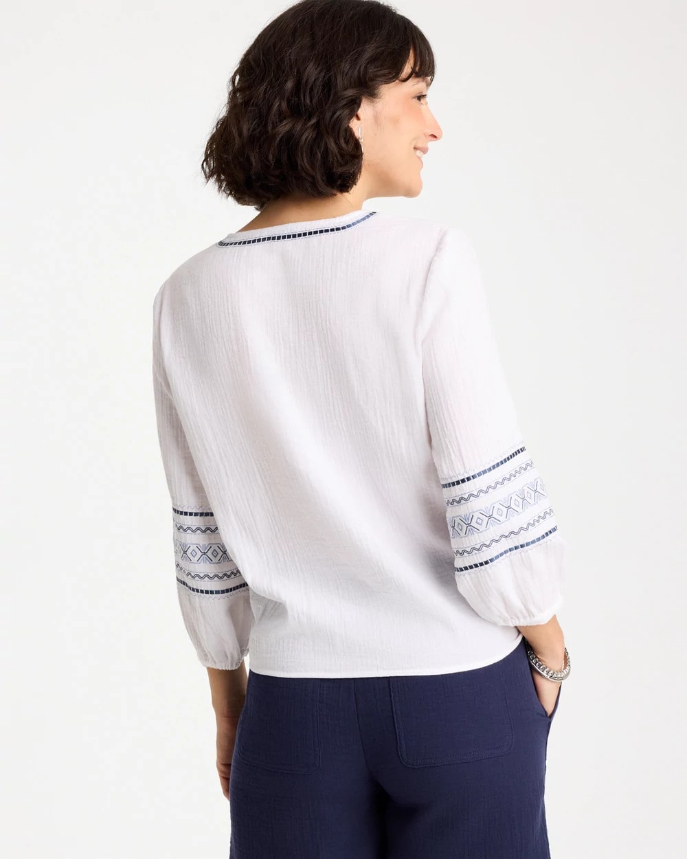 Alabaster Cotton Gauze Embroidered Tie-Front Blouse