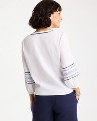 Alabaster Cotton Gauze Embroidered Tie-Front Blouse