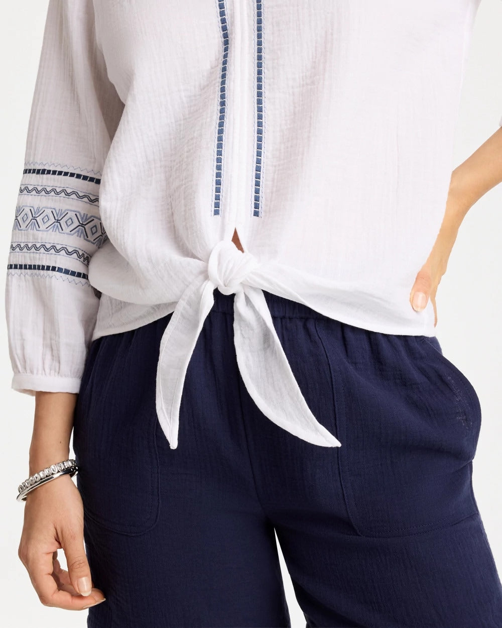 Alabaster Cotton Gauze Embroidered Tie-Front Blouse