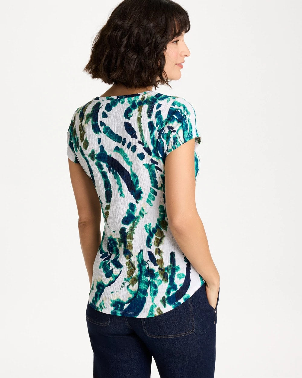 Topanga Green Printed Textured Knit Cap Sleeve Tee
