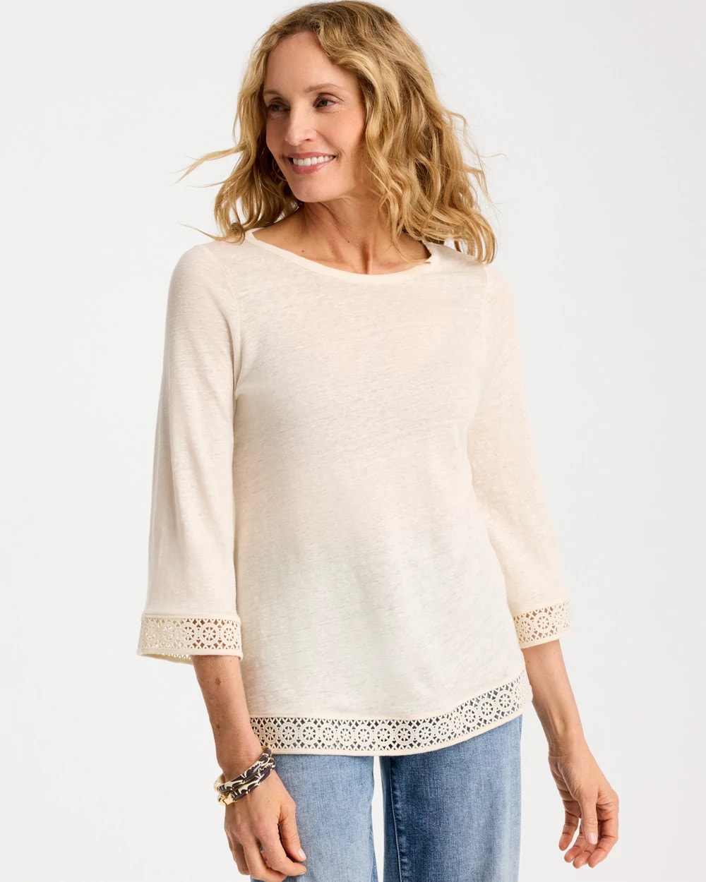 Natural Cream Linen Crochet Lace Tee