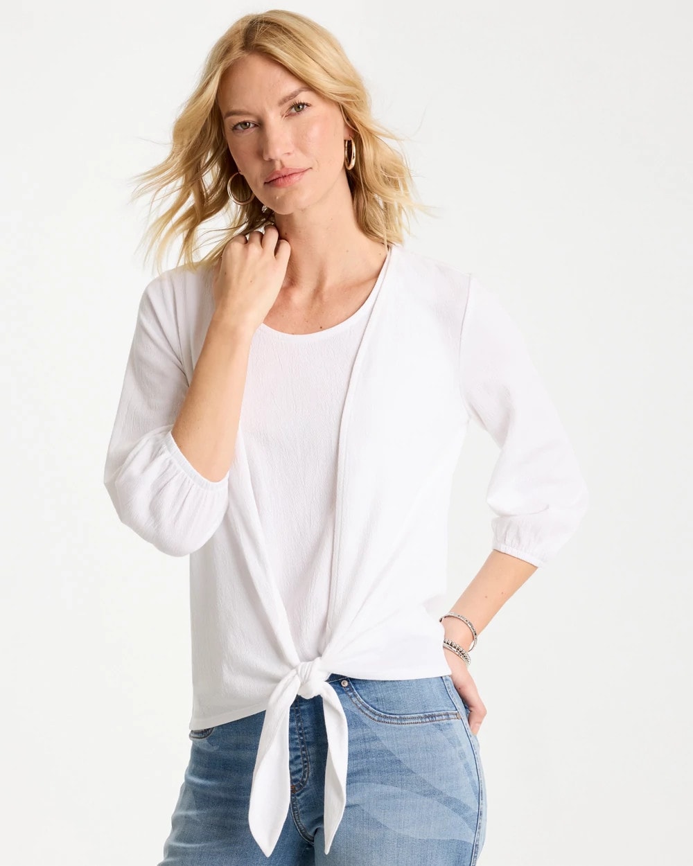 Alabaster Knit Gauze Tie-Front Cardigan