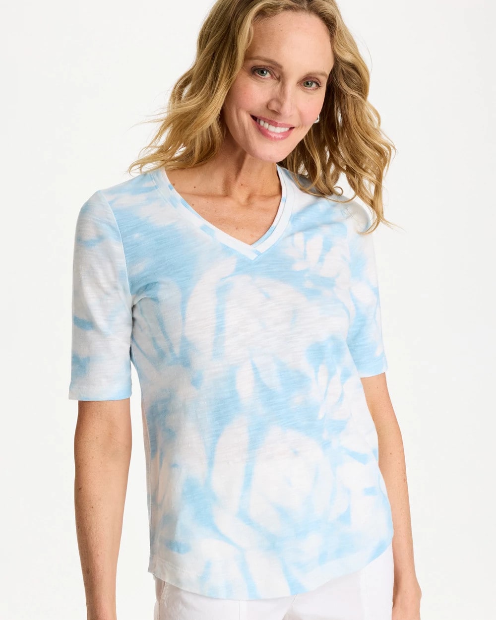 Blue Haven Tie-Dye Palm Cotton Slub V-Neck Tee