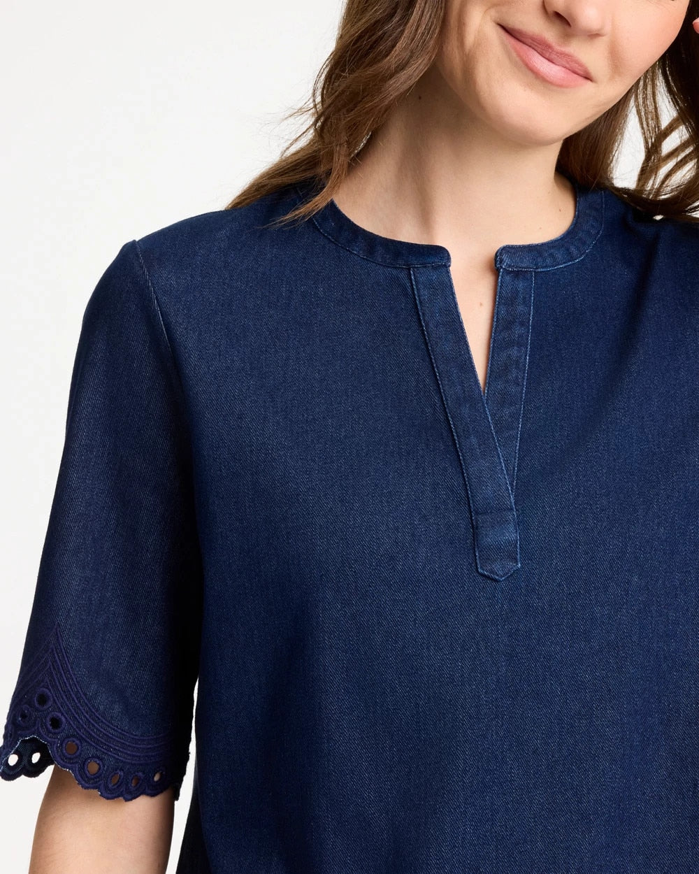 Dark Wash Embroidered Cotton-Blend Tunic