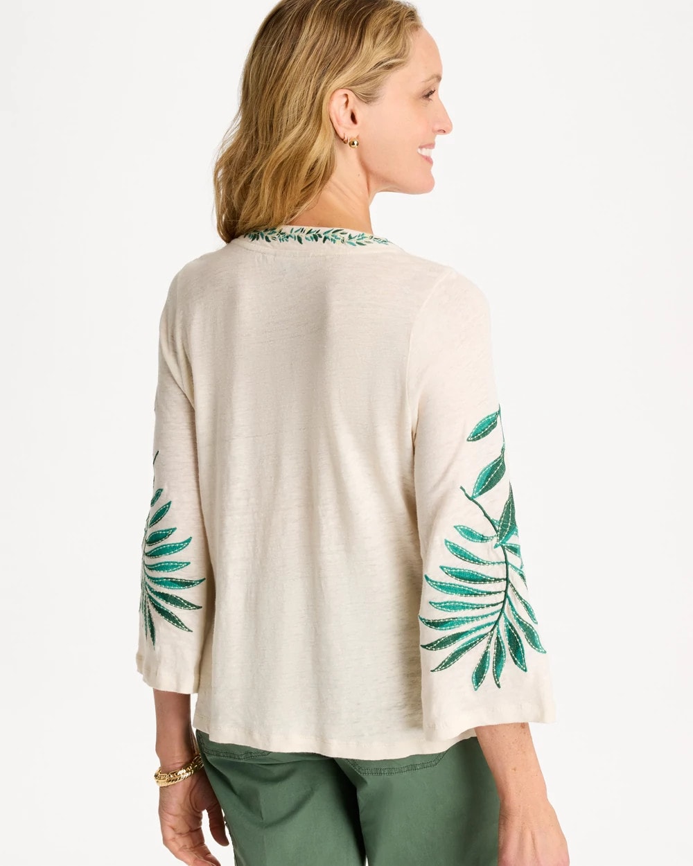Natural Cream Linen Palm Embroidered Pleated Tee