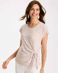 Smokey Taupe Striped Tie-Front Tee