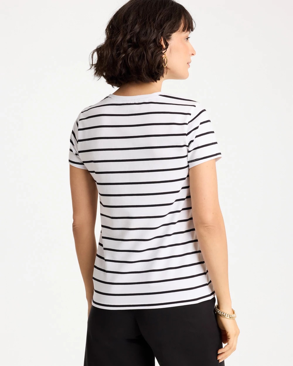 Black Striped Cotton Stretch Cap-Sleeve Tee