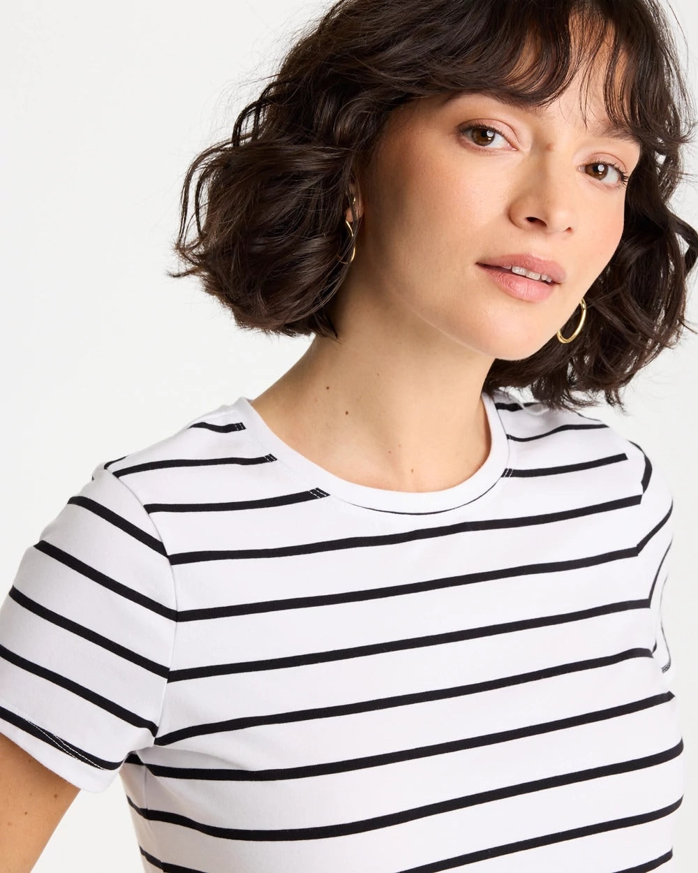 Black Striped Cotton Stretch Cap-Sleeve Tee