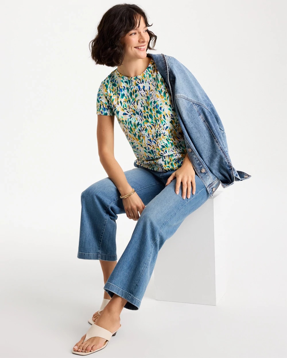 Alabaster Printed Cotton Stretch Cap-Sleeve Tee