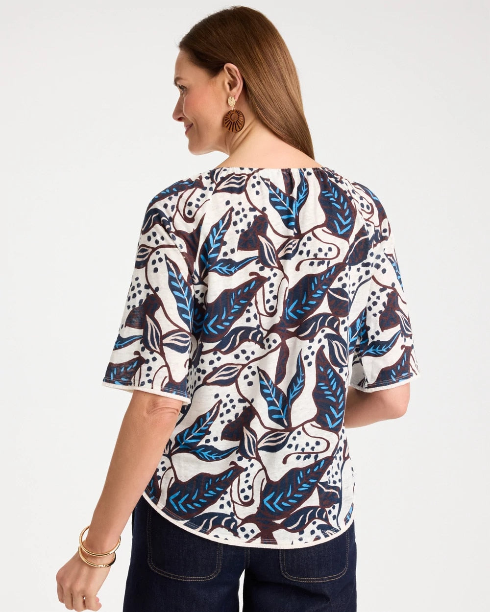 Passport Blue Printed Linen Fringed Tee