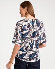 Passport Blue Printed Linen Fringed Tee