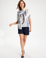 Passport Blue Leaf Print Linen Ruched V-Neck Tee