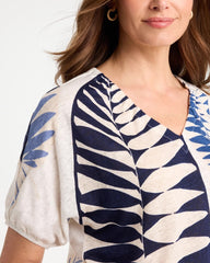 Passport Blue Leaf Print Linen Ruched V-Neck Tee