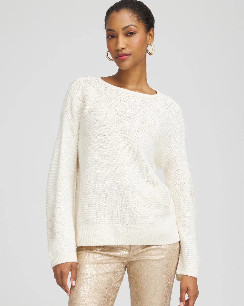 English Cream Tonal Embroidered Boatneck Pullover Sweater