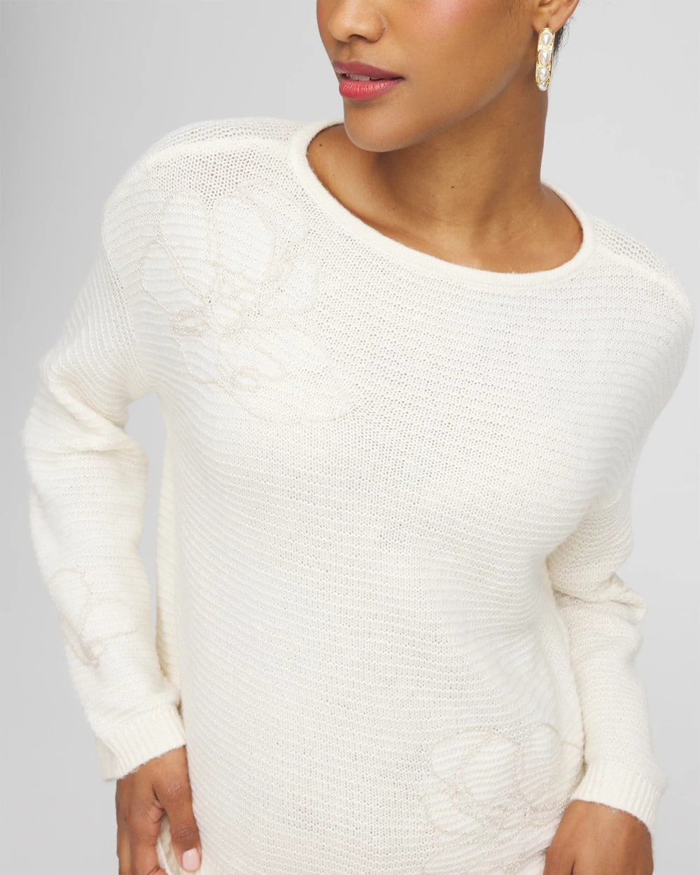 English Cream Tonal Embroidered Boatneck Pullover Sweater