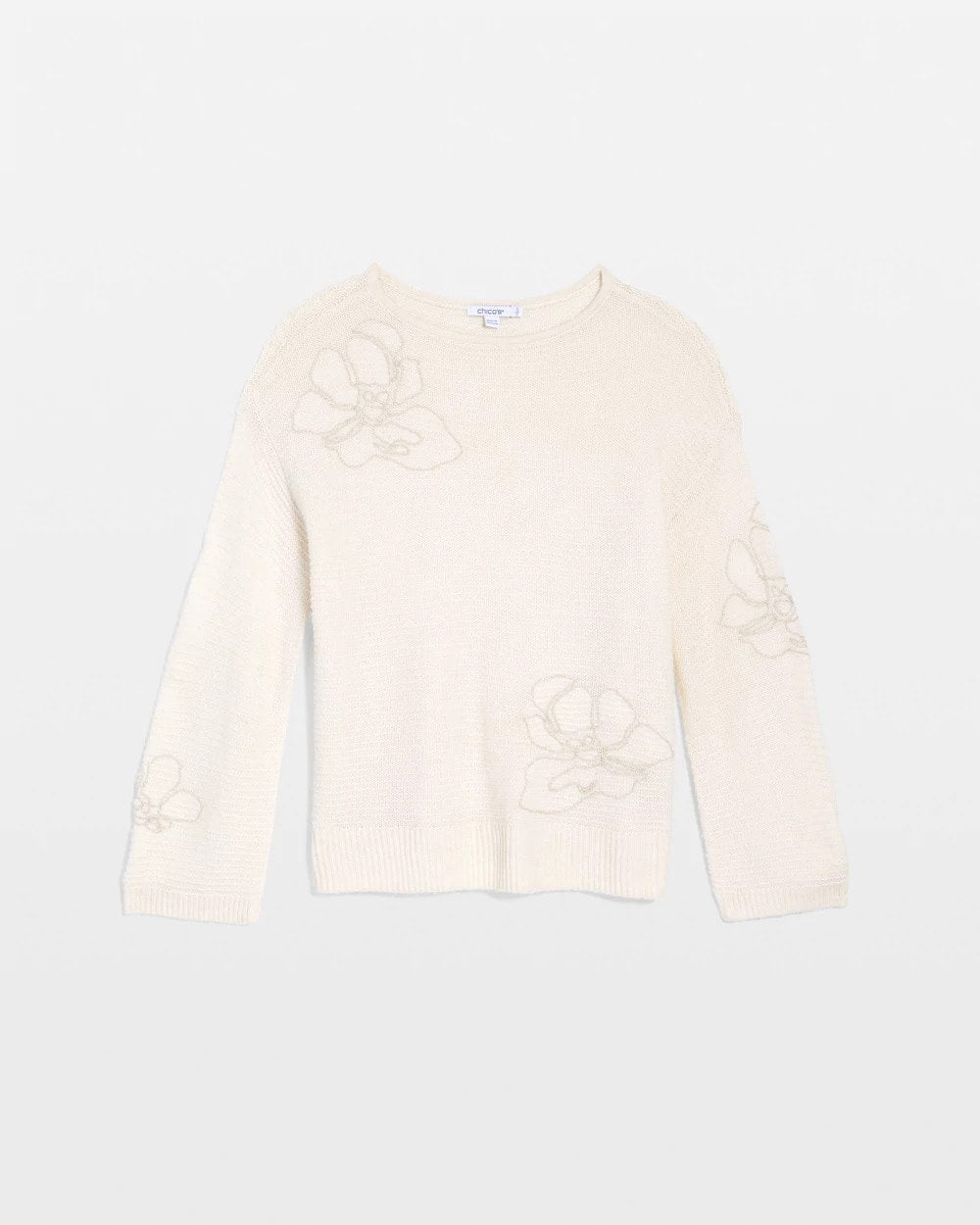 English Cream Tonal Embroidered Boatneck Pullover Sweater