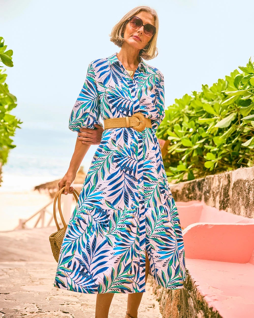 Passport Blue Palm Cotton-Rayon Slub Shirtdress