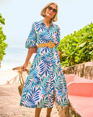 Passport Blue Palm Cotton-Rayon Slub Shirtdress