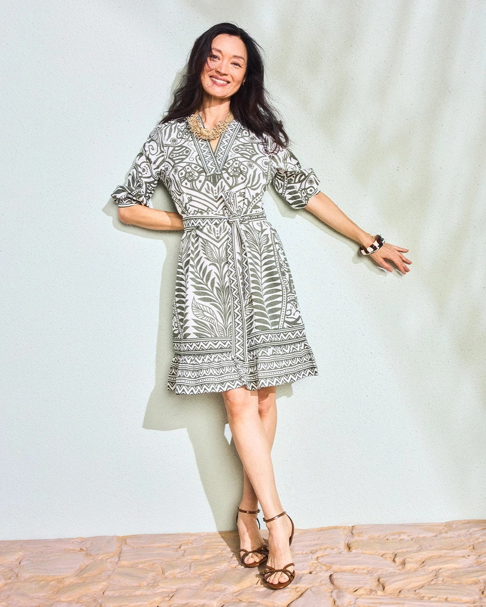 Kelp Forest Printed Cotton-Linen Belted Dress
