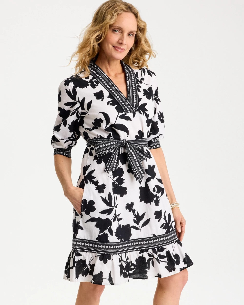 Black Floral Cotton-Linen Belted Dress