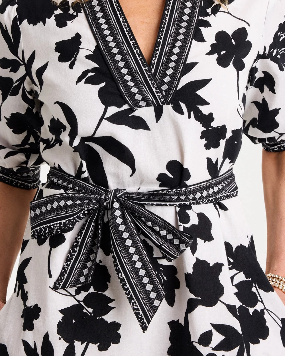 Black Floral Cotton-Linen Belted Dress