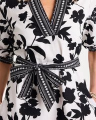 Black Floral Cotton-Linen Belted Dress