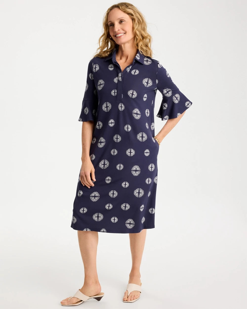 Passport Blue Printed Ponte Flounce Sleeve Dress