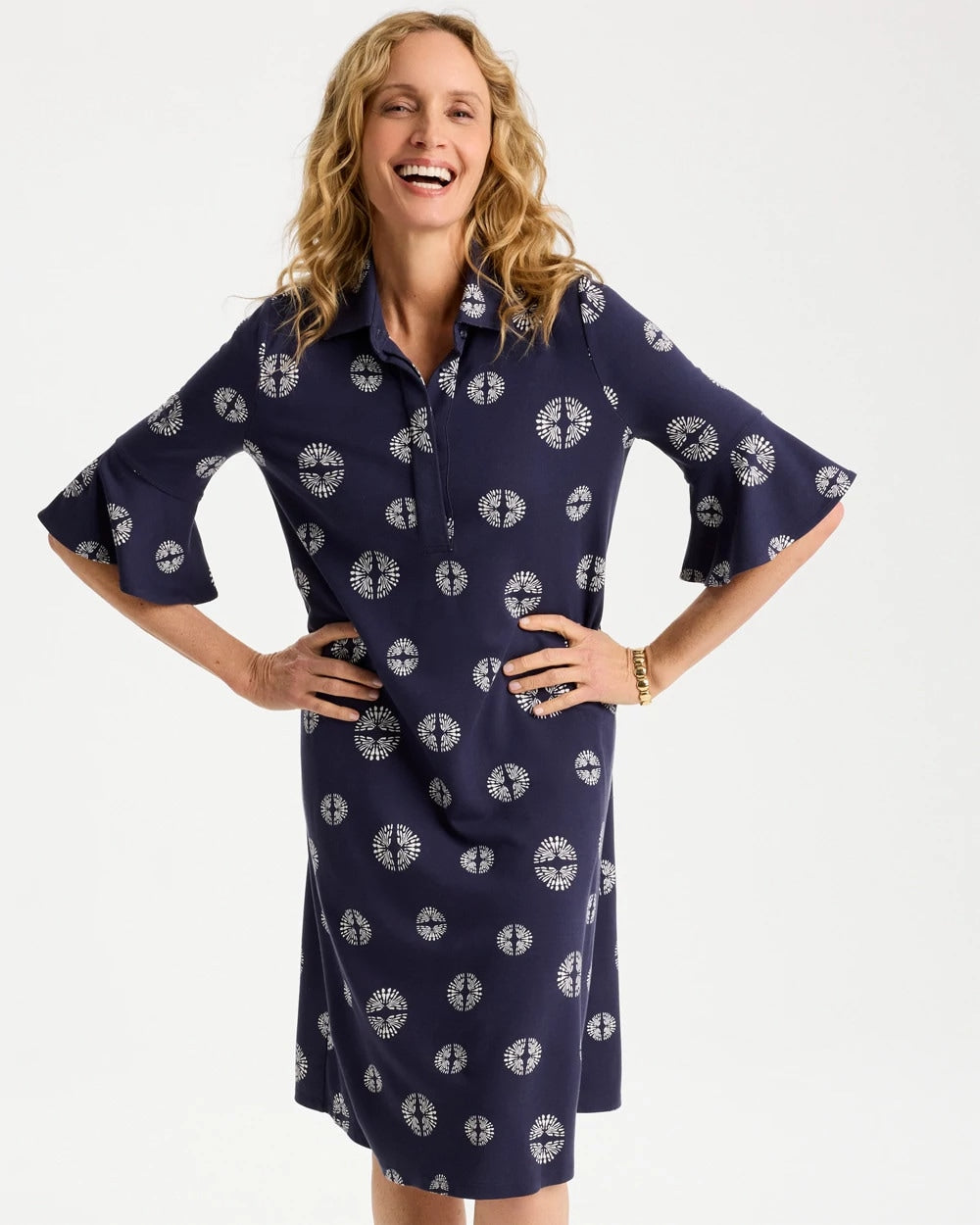Passport Blue Printed Ponte Flounce Sleeve Dress