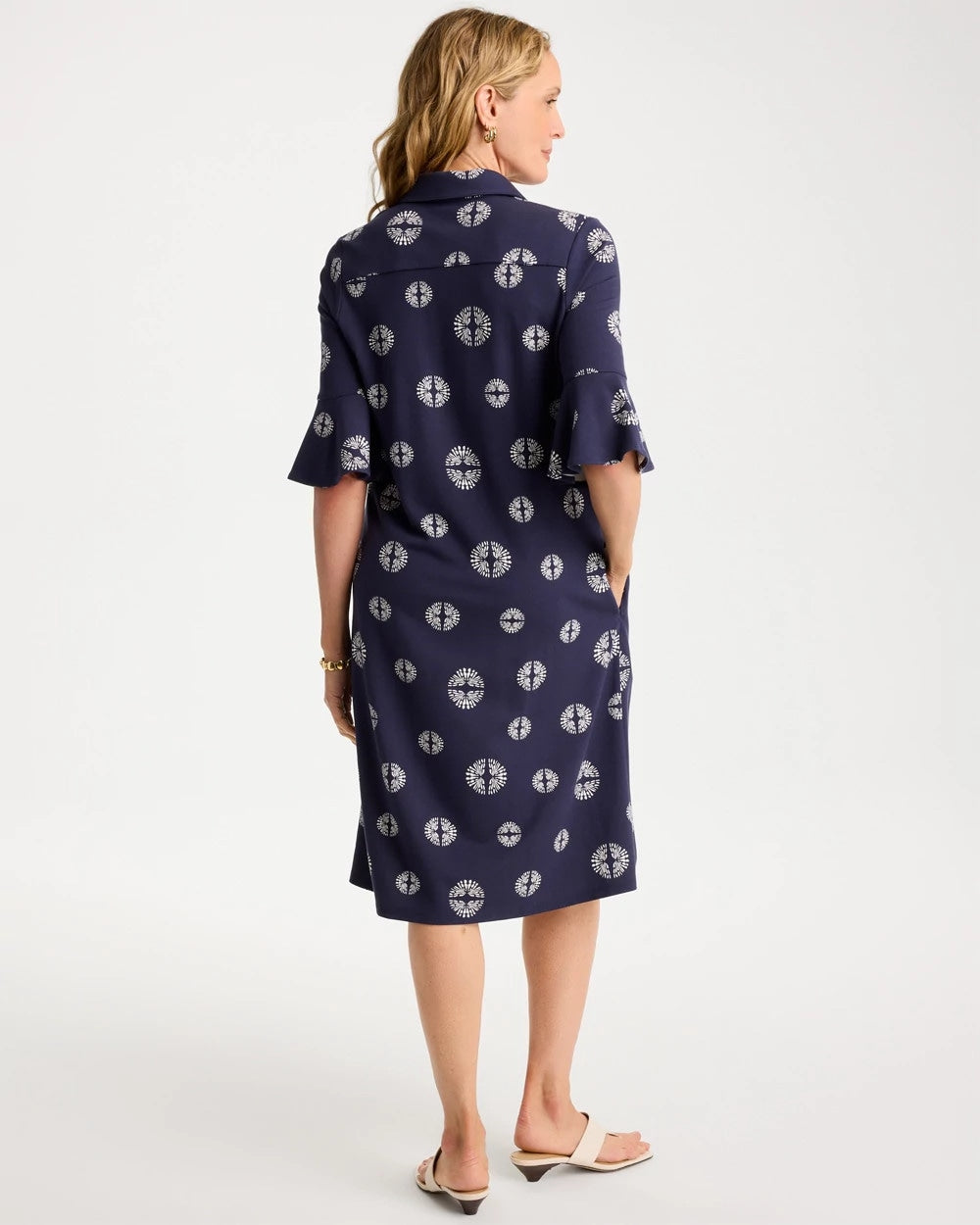Passport Blue Printed Ponte Flounce Sleeve Dress
