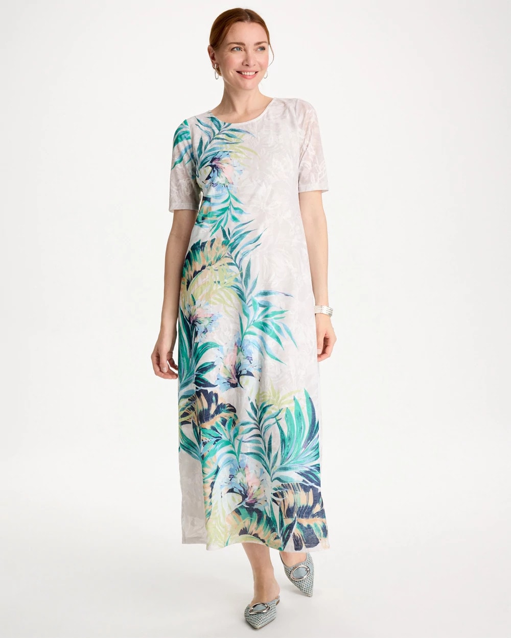 Alabaster Jersey Knit Tropical Maxi Dress