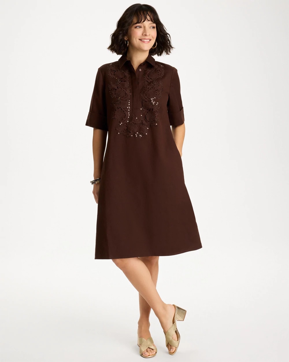 Deep Brown Embellished Linen Popover Dress