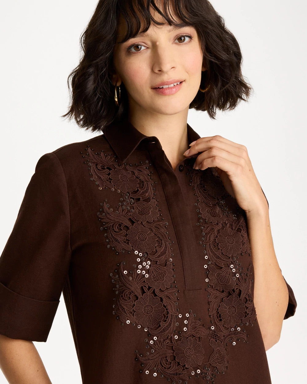 Deep Brown Embellished Linen Popover Dress